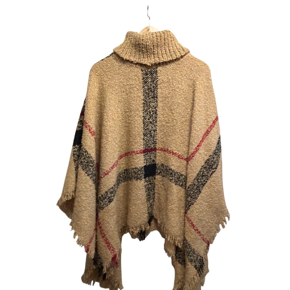 Plaid Knit Poncho With Cowl Neck Beige/Red/Black OS Old Money - Picture 6 of 6
